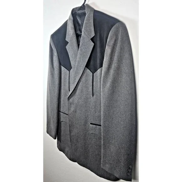 Circle S Men’s 46L Western Blazer Gray Black Yoke Lined 2-Button Cowboy Coat - Picture 2 of 16